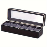 Luxury transparent-lid watch box with 6 fabric-lined compartments, portable and shockproof design, suitable for both men and women. Ideal for home, travel, or gifting—a refined storage solution for fine watches and jewelry. (brown)