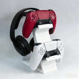 ORANGE 3-in-1 PS5 and Xbox Controller Stand – Compatible with PlayStation 5/Xbox Consoles. A gaming desktop organizer with a headphone hanger, non-charging base that holds 2 controllers and headphones. Space-saving white/black console accessory. - Rear View