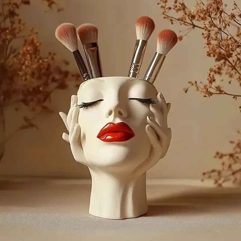 Gazing Muse — "Hands-on Beauty" Resin Brush Holder with Sculpted Bust Design.1 Piece Elegant Resin Makeup Brush Holder with Red Lips Design - Lightweight Synthetic Cosmetics Organizer Box, Standalone Desktop Storage Case for Bathroom or Dressing Table