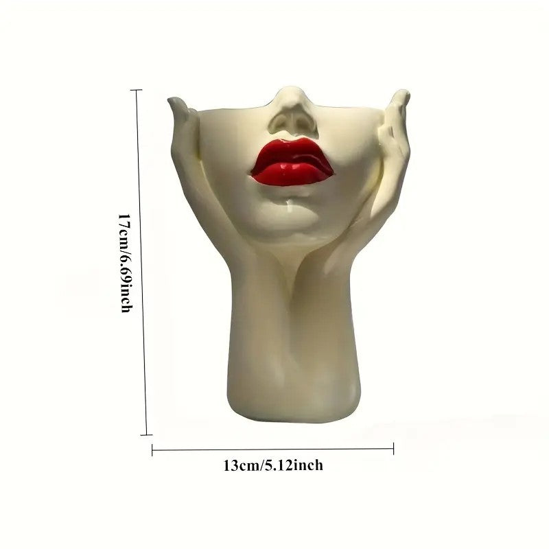 Lip's Whisper, Light's Embrace" — Sculptural Resin Vanity Brush Holder with Red Accent.1 Piece Elegant Resin Makeup Brush Holder with Red Lips Design - Lightweight Synthetic Cosmetics Organizer Box, Standalone Desktop Storage Case for Bathroom or Dressing
