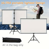 60in Portable and mobile projection screen with tripod stand, 16:9 HD format, suitable for home theater and indoor wall mounting. Made of polyester fabric, easy to set up and use. Ideal for office presentations and home entertainment, ready to use right o