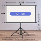 72in Portable and mobile projection screen with tripod stand, 16:9 HD format, suitable for home theater and indoor wall mounting. Made of polyester fabric, easy to set up and use. Ideal for office presentations and home entertainment, ready to use right o