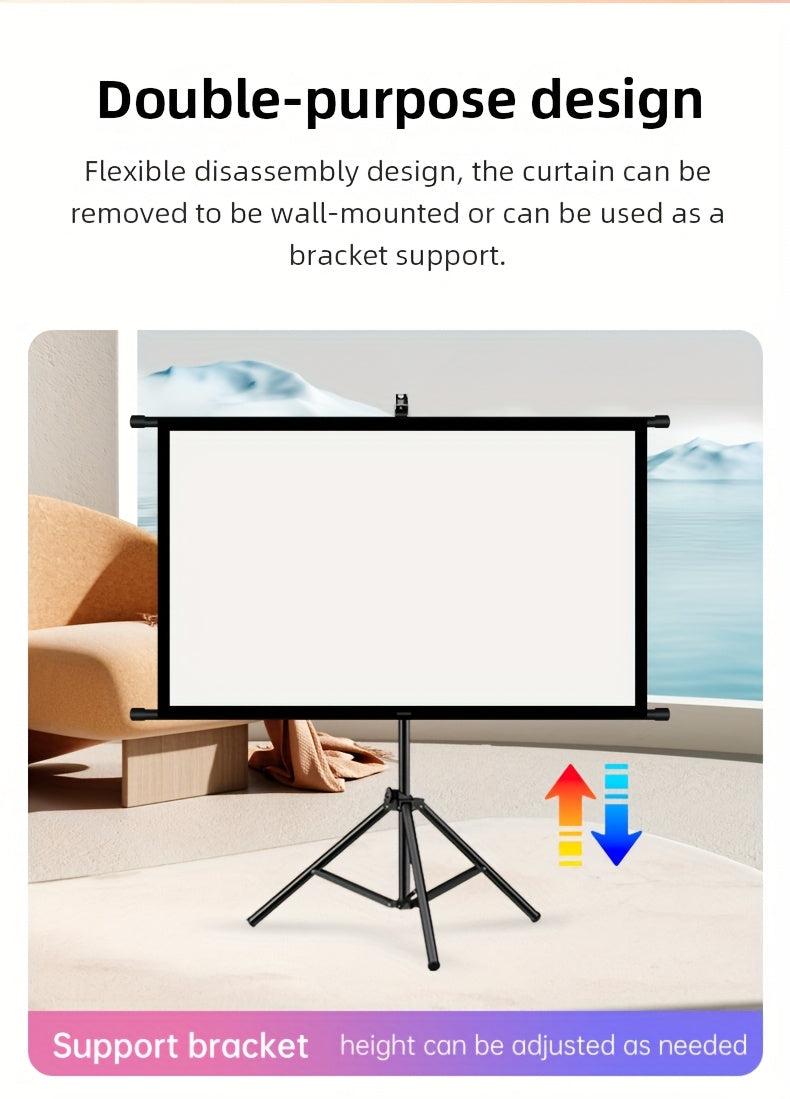 84inPortable and mobile projection screen with tripod stand, 16:9 HD format, suitable for home theater and indoor wall mounting. Made of polyester fabric, easy to set up and use. Ideal for office presentations and home entertainment, ready to use right ou