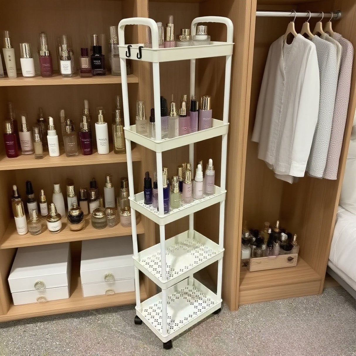 Five-Tier Rolling Cosmetics Storage Rack - Made of durable plastic, equipped with 360-degree swivel casters, strong load-bearing capacity - Suitable for bathroom, bedroom, kitchen, and home storage | White