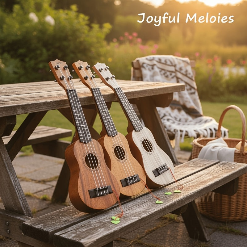 Acacia wood 17-inch Playable Ukulele Mini Guitar, lightweight and portable. Features comfortable nylon strings, includes a pick, and has open-style