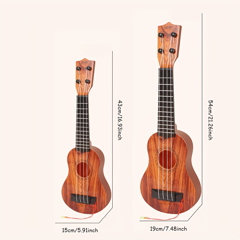 Acacia wood 17-inch Playable Ukulele Mini Guitar, lightweight and portable. Features comfortable nylon strings, includes a pick, and has open-style