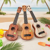 Acacia wood 17-inch Playable Ukulele Mini Guitar, lightweight and portable. Features comfortable nylon strings, includes a pick, and has open-style