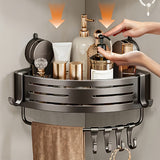 Space-Saving Suction Cup Bathroom Storage Rack | No Drilling Required, Strong Triangular Storage Shelf with Hooks, Suitable for Shower and Bathroom Walls/Tiles, Multi-Functional Organizer, All-Season Use, Bathroom Organization, Bathroom Accessories - Front View