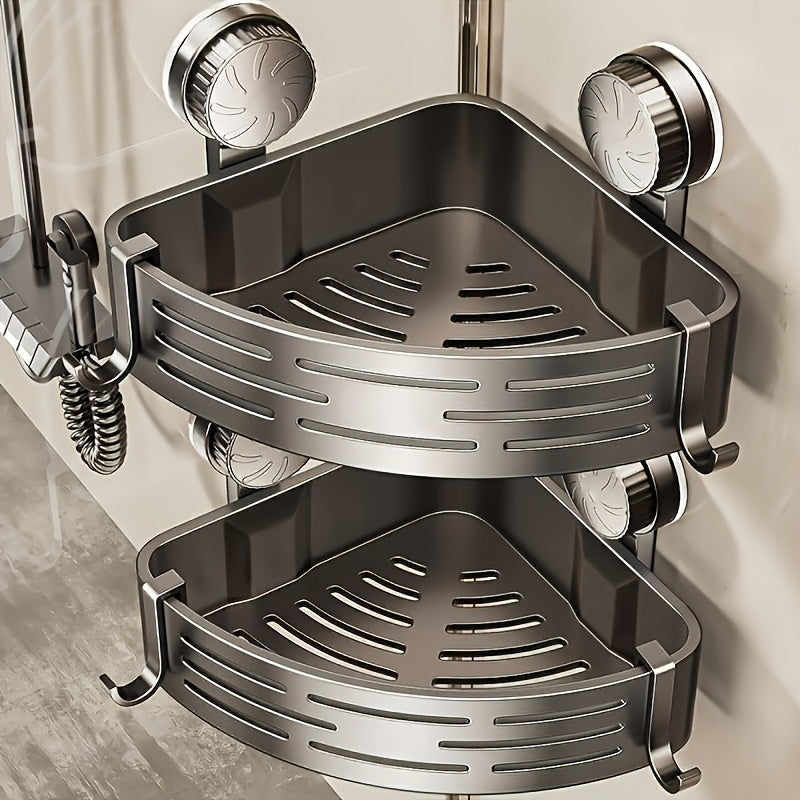Space-Saving Suction Cup Bathroom Storage Rack | No Drilling Required, Strong Triangular Storage Shelf with Hooks, Suitable for Shower and Bathroom Walls/Tiles, Multi-Functional Organizer, All-Season Use, Bathroom Organization, Bathroom Accessories