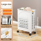 A wheeled foldable plastic laundry basket, suitable for dirty clothes and easy to move. It features a breathable design for convenience and practicality.