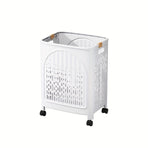 A wheeled foldable plastic laundry basket, suitable for dirty clothes and easy to move. It features a breathable design for convenience and practicality.