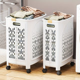 A wheeled foldable plastic laundry basket, suitable for dirty clothes and easy to move. It features a breathable design for convenience and practicality.