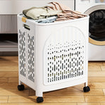 A wheeled foldable plastic laundry basket, suitable for dirty clothes and easy to move. It features a breathable design for convenience and practicality.