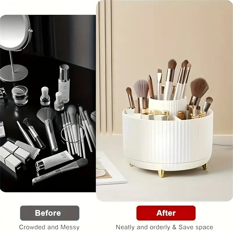 360° Rotating Multi-Compartment Makeup Brush Holder: Luxurious Vertical Texture with Golden Feet Design, Scientifically Organized Storage, One Cylinder to Tidy Your Vanity Table.