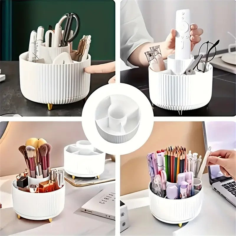 360° Rotating Multi-Compartment Makeup Brush Holder: Luxurious Vertical Texture with Golden Feet Design, Scientifically Organized Storage, One Cylinder to Tidy Your Vanity Table.