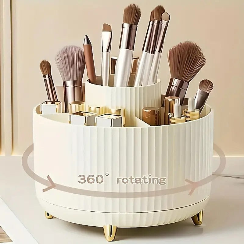 360° Rotating Multi-Compartment Makeup Brush Holder: Luxurious Vertical Texture with Golden Feet Design, Scientifically Organized Storage, One Cylinder to Tidy Your Vanity Table.