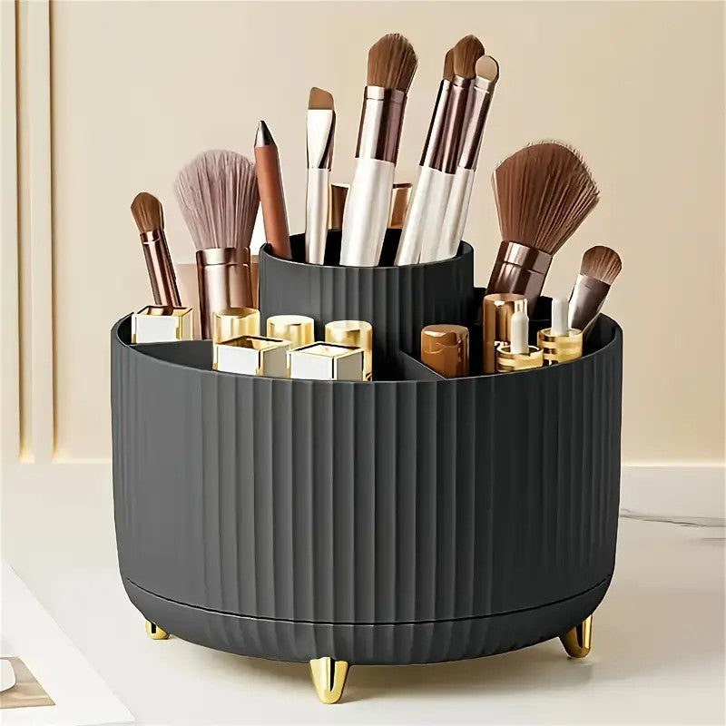 360° Rotating Multi-Compartment Makeup Brush Holder: Luxurious Vertical Texture with Golden Feet Design, Scientifically Organized Storage, One Cylinder to Tidy Your Vanity Table.