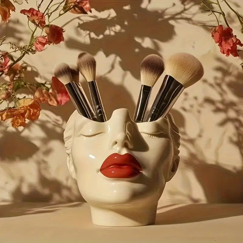 1 Piece Elegant Resin Makeup Brush Holder with Red Lips Design - Lightweight Synthetic Cosmetics Organizer Box, Standalone Desktop Storage Case for Bathroom or Dressing Table.Aesthetic "Gazing Lips" Resin Makeup Brush Holder — A Sculptural Vanity Tray for