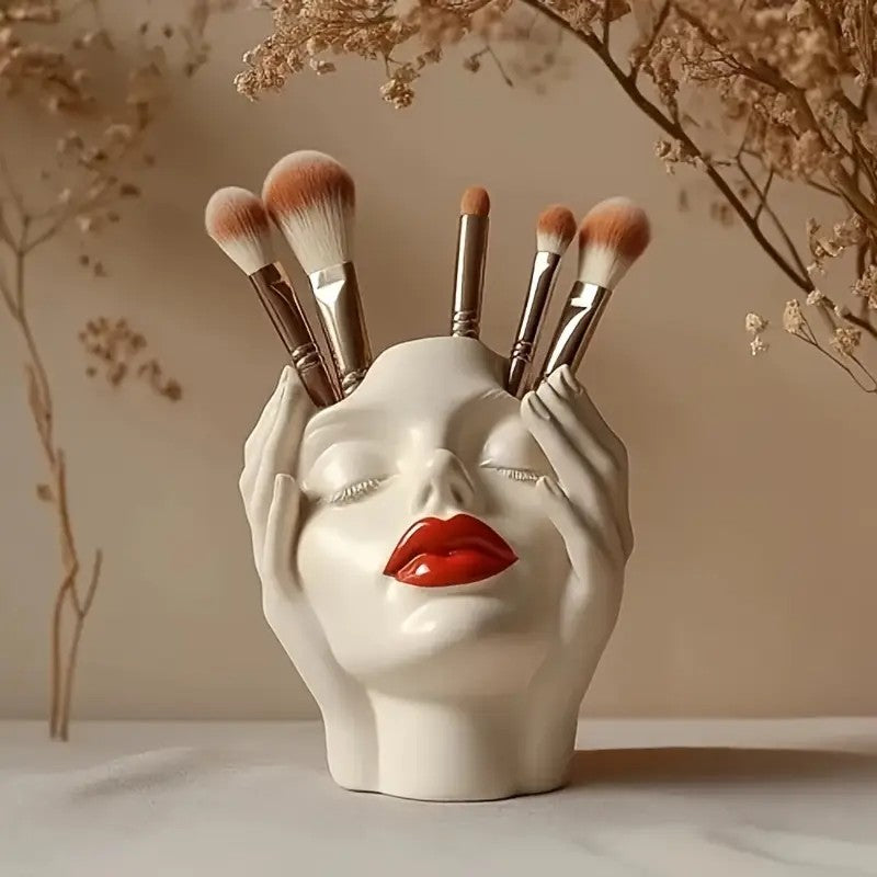 1 Piece Elegant Resin Makeup Brush Holder with Red Lips Design - Lightweight Synthetic Cosmetics Organizer Box, Standalone Desktop Storage Case for Bathroom or Dressing Table.Aesthetic "Gazing Lips" Resin Makeup Brush Holder — A Sculptural Vanity Tray for