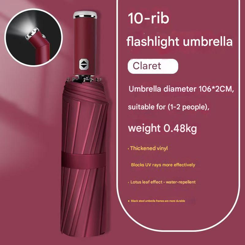 Wine Red Reinforced Black Coating Umbrella, featuring a 10-rib black steel frame for durability, approximately 106cm in diameter, lightweight and portable. Combines lotus-effect water repellency with strong UV protection, an ideal companion for 1–2 people
