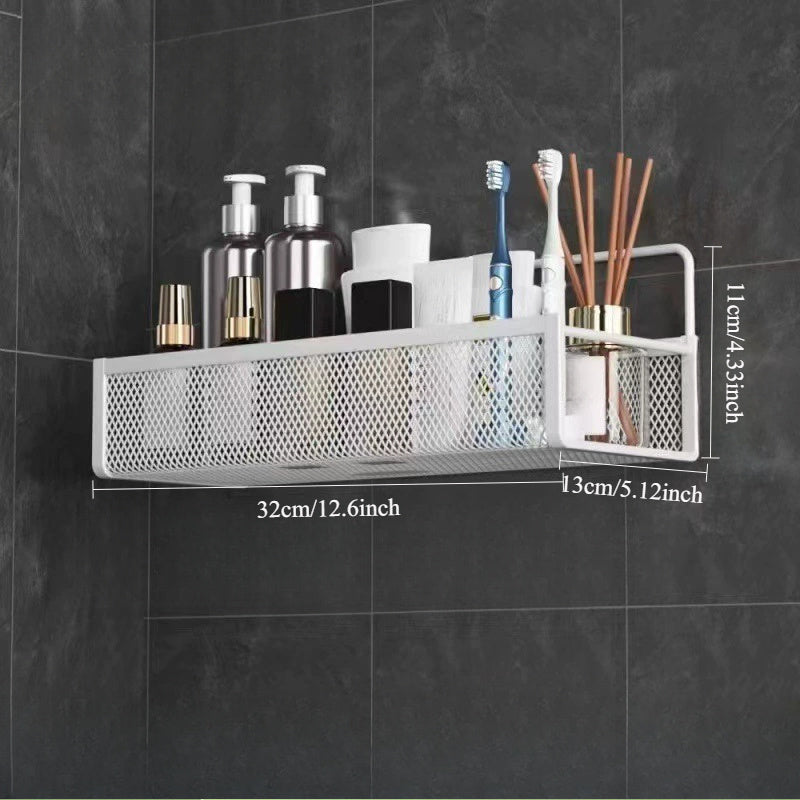 Wrought Iron Bathroom Storage Basket, Wall-Mounted Self-Adhesive Toothbrush Holder, Cosmetic & Condiment Shower Shelves, Kitchen & Bathroom Decorative Accessories/ WHITE