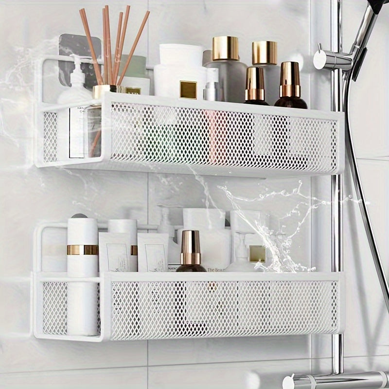 Wrought Iron Bathroom Storage Basket, Wall-Mounted Self-Adhesive Toothbrush Holder, Cosmetic & Condiment Shower Shelves, Kitchen & Bathroom Decorative Accessories/ WHITE