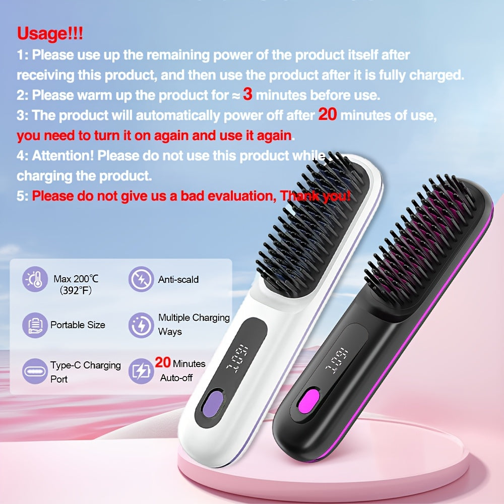 White Cordless Hair Straightener Brush: Dual 2000mAh batteries for long-lasting power, fast heating, creates smooth styles anytime, anywhere.