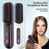 White Cordless Hair Straightener Brush: Dual 2000mAh batteries for long-lasting power, fast heating, creates smooth styles anytime, anywhere. - Side View