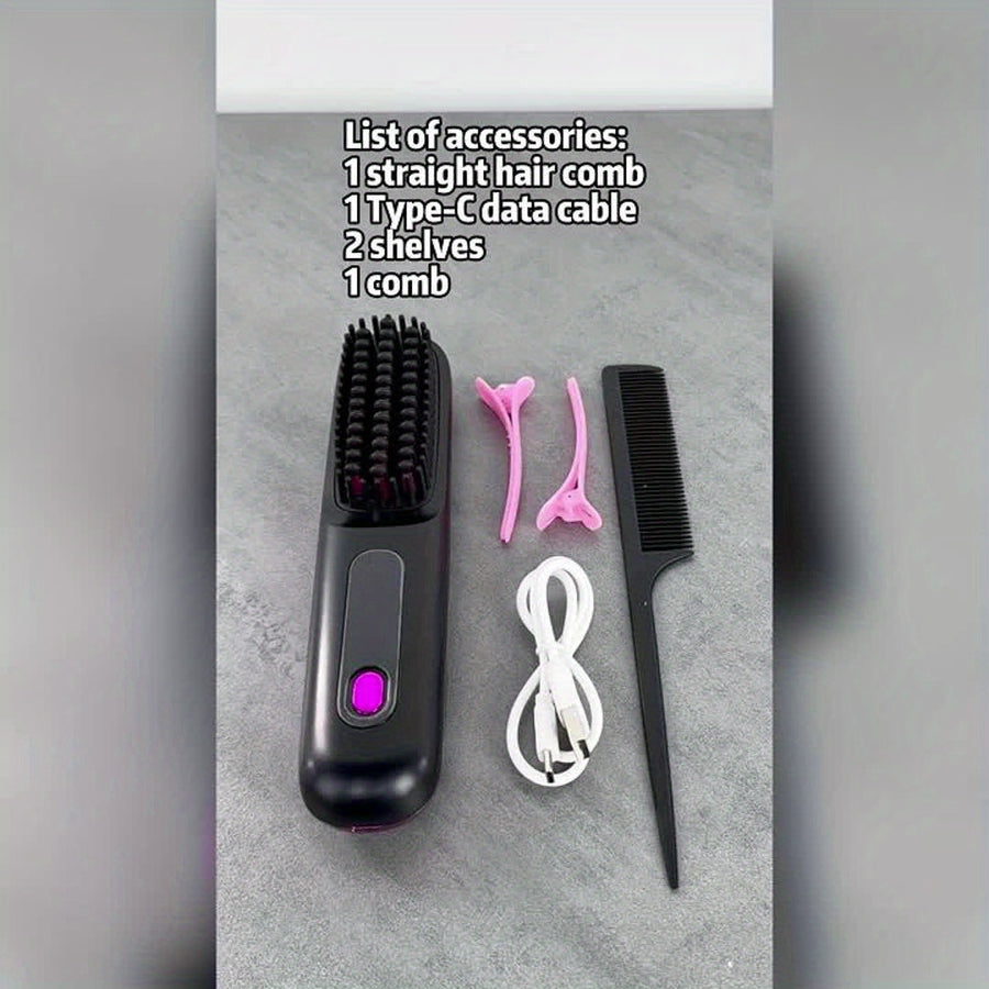 White Cordless Hair Straightener Brush: Dual 2000mAh batteries for long-lasting power, fast heating, creates smooth styles anytime, anywhere.