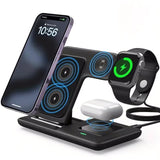 Multi-device 3-in-1 Foldable Wireless Charging Station | iWatch Series 9 8 7 6 SE 5 4 3 2, Ultra Airpods Pro 3 2, iPhone 17/16/15/14/13/12/11 Rapid Charging Stand - Magnetic Connector, USB Power Supply