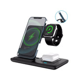 Multi-device 3-in-1 Foldable Wireless Charging Station | iWatch Series 9 8 7 6 SE 5 4 3 2, Ultra Airpods Pro 3 2, iPhone 17/16/15/14/13/12/11 Rapid Charging Stand - Magnetic Connector, USB Power Supply - Front View