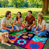 Extra-large 198.12x198.12 cm foldable picnic mat with portable rope. Soft padding design, floral and fruit prints, durable polyester material, perfect for beaches, parks, camping and travel - hand wash only, embossed PU-coated Oxford fabric. - Front View