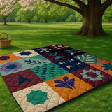 Extra-large 198.12x198.12 cm foldable picnic mat with portable rope. Soft padding design, floral and fruit prints, durable polyester material, perfect for beaches, parks, camping and travel - hand wash only, embossed PU-coated Oxford fabric. - Top-Down View