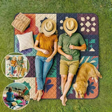 Extra-large 198.12x198.12 cm foldable picnic mat with portable rope. Soft padding design, floral and fruit prints, durable polyester material, perfect for beaches, parks, camping and travel - hand wash only, embossed PU-coated Oxford fabric. - 45-Degree Angle