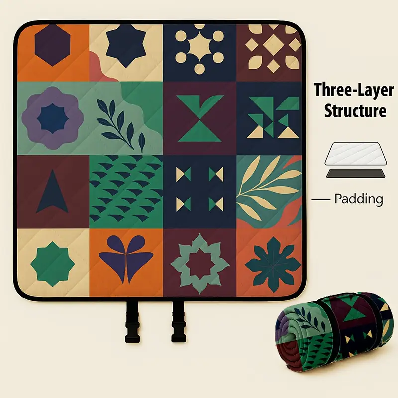 Extra-large 198.12x198.12 cm foldable picnic mat with portable rope. Soft padding design, floral and fruit prints, durable polyester material, perfect for beaches, parks, camping and travel - hand wash only, embossed PU-coated Oxford fabric.