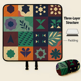Extra-large 198.12x198.12 cm foldable picnic mat with portable rope. Soft padding design, floral and fruit prints, durable polyester material, perfect for beaches, parks, camping and travel - hand wash only, embossed PU-coated Oxford fabric.