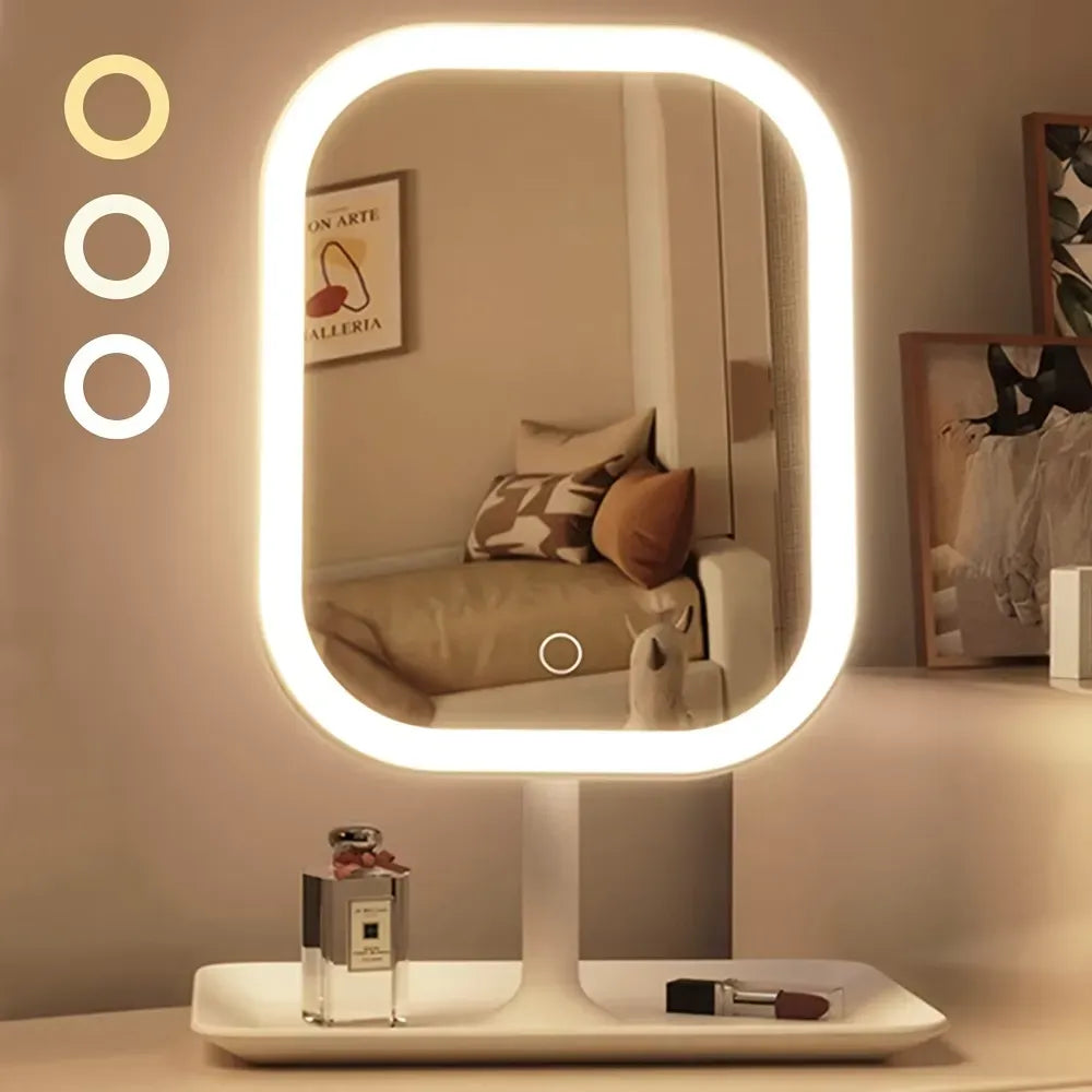 LED makeup mirror, portable travel mirror with foldable design and built-in lights, 3 lighting modes, intelligent adjustable light touch screen, USB rechargeable, portable illuminated beauty mirror, travel makeup stand with lights, bedroom makeup mirror,