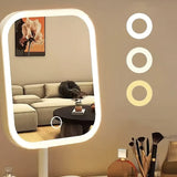 LED makeup mirror, portable travel mirror with foldable design and built-in lights, 3 lighting modes, intelligent adjustable light touch screen, USB rechargeable, portable illuminated beauty mirror, travel makeup stand with lights, bedroom makeup mirror, - Top-Down View