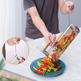 2-Pack Stainless Steel Rotating Grill Baskets with Removable Wooden Handle – Durable 304 Mesh for Veggies, Prawns & More – Perfect for BBQ, Camping & Outdoor Cooking, Great Gift for Dad or Husband - Front View