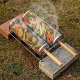 2-Pack Stainless Steel Rotating Grill Baskets with Removable Wooden Handle – Durable 304 Mesh for Veggies, Prawns & More – Perfect for BBQ, Camping & Outdoor Cooking, Great Gift for Dad or Husband - Rear View