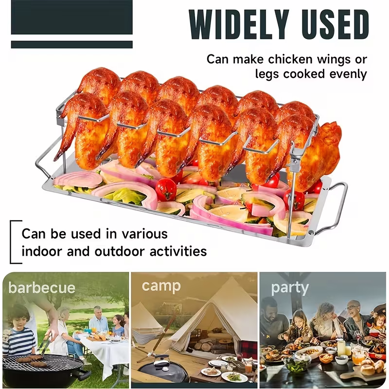 Stainless steel chicken leg and wing rack three-piece set: Foldable standing grill + baking tray + cleaning brush. Suitable for barbecues, smoking, and ovens. Ideal choice for picnics and camping