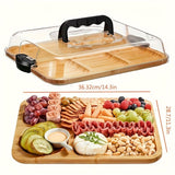 1pc Cheese Tray with Transparent Acrylic Lid - Portable Deli Platter for Camping, Parties, Restaurants | Holiday Appetizer, Deli and Snack Serving Tray, Back Can Be Used for Cutting Board, Party Snack Organizer, Safe Snapon Lid - Front View
