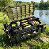 Double-layer multi-function outdoor storage fishing box, can be used as a stool, convenient storage of various fishing lines, bait, live fish. - Top-Down View