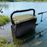 Double-layer multi-function outdoor storage fishing box, can be used as a stool, convenient storage of various fishing lines, bait, live fish. - Close-Up Angle