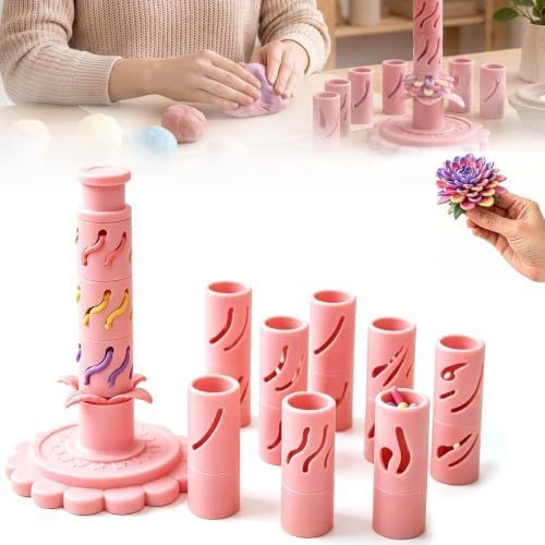 With 12 colors of modeling clay 3D Promted Flower Modular Clay Bloom Maker with 9 Shaping Sleeves Reusable Press Mold,Effortlessly make unique layered clay flowers for beginners and DIY lovers - Pink