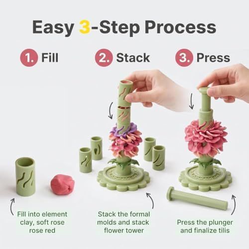 With 12 colors of modeling clay 3D Promted Flower Modular Clay Bloom Maker with 9 Shaping Sleeves Reusable Press Mold,Effortlessly make unique layered clay flowers for beginners and DIY lovers - Green