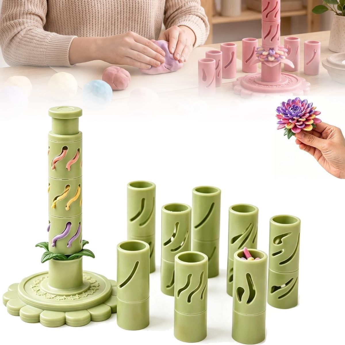 With 24 colors of modeling clay 3D Promted Flower Modular Clay Bloom Maker with 9 Shaping Sleeves Reusable Press Mold,Effortlessly make unique layered clay flowers for beginners and DIY lovers - Green