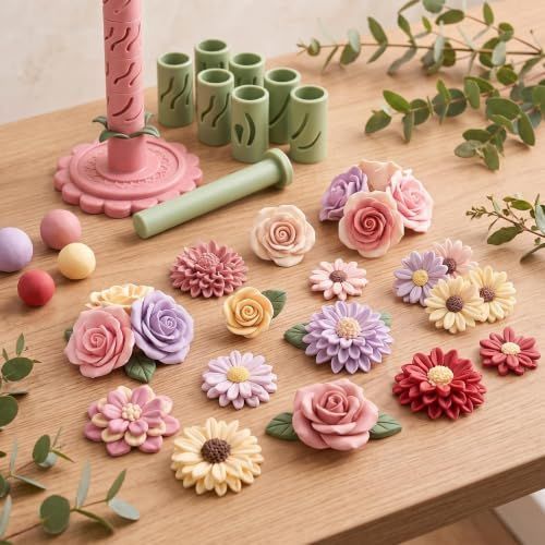 With 24 colors of modeling clay 3D Promted Flower Modular Clay Bloom Maker with 9 Shaping Sleeves Reusable Press Mold,Effortlessly make unique layered clay flowers for beginners and DIY lovers - Green