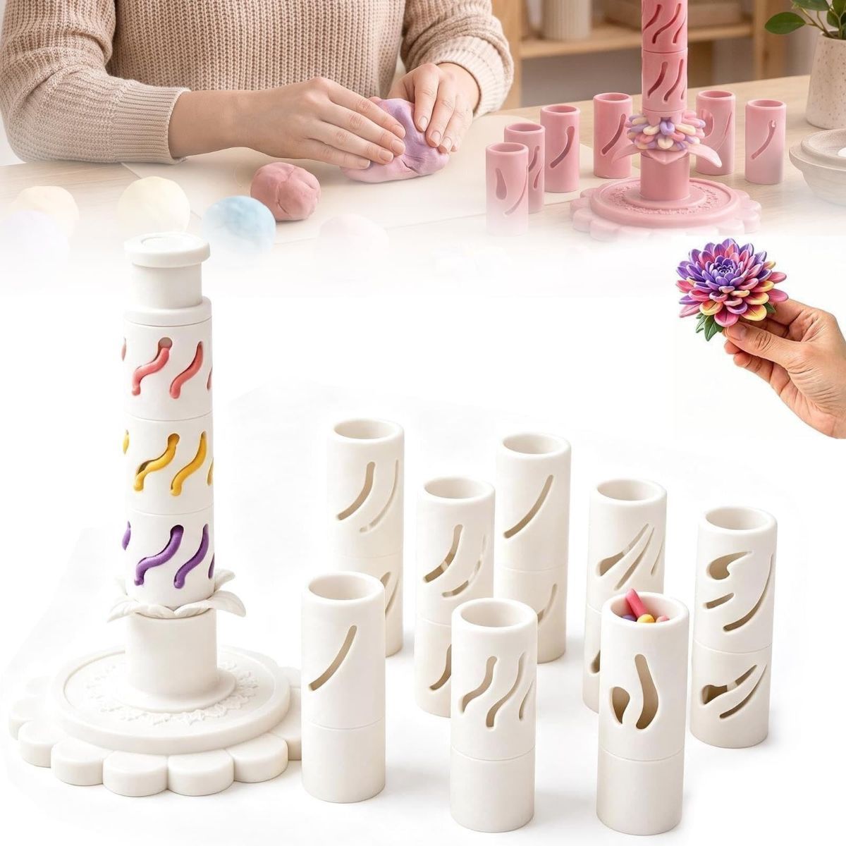 Clay-Free Version 3D Promted Flower Modular Clay Bloom Maker with 9 Shaping Sleeves Reusable Press Mold,Effortlessly make unique layered clay flowers for beginners and DIY lovers - White