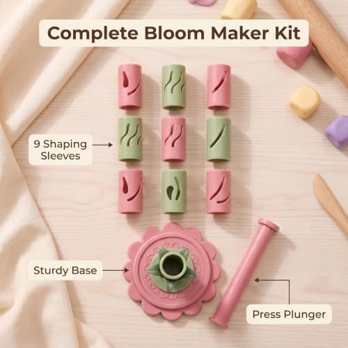 With 12 colors of modeling clay 3D Promted Flower Modular Clay Bloom Maker with 9 Shaping Sleeves Reusable Press Mold,Effortlessly make unique layered clay flowers for beginners and DIY lovers - White